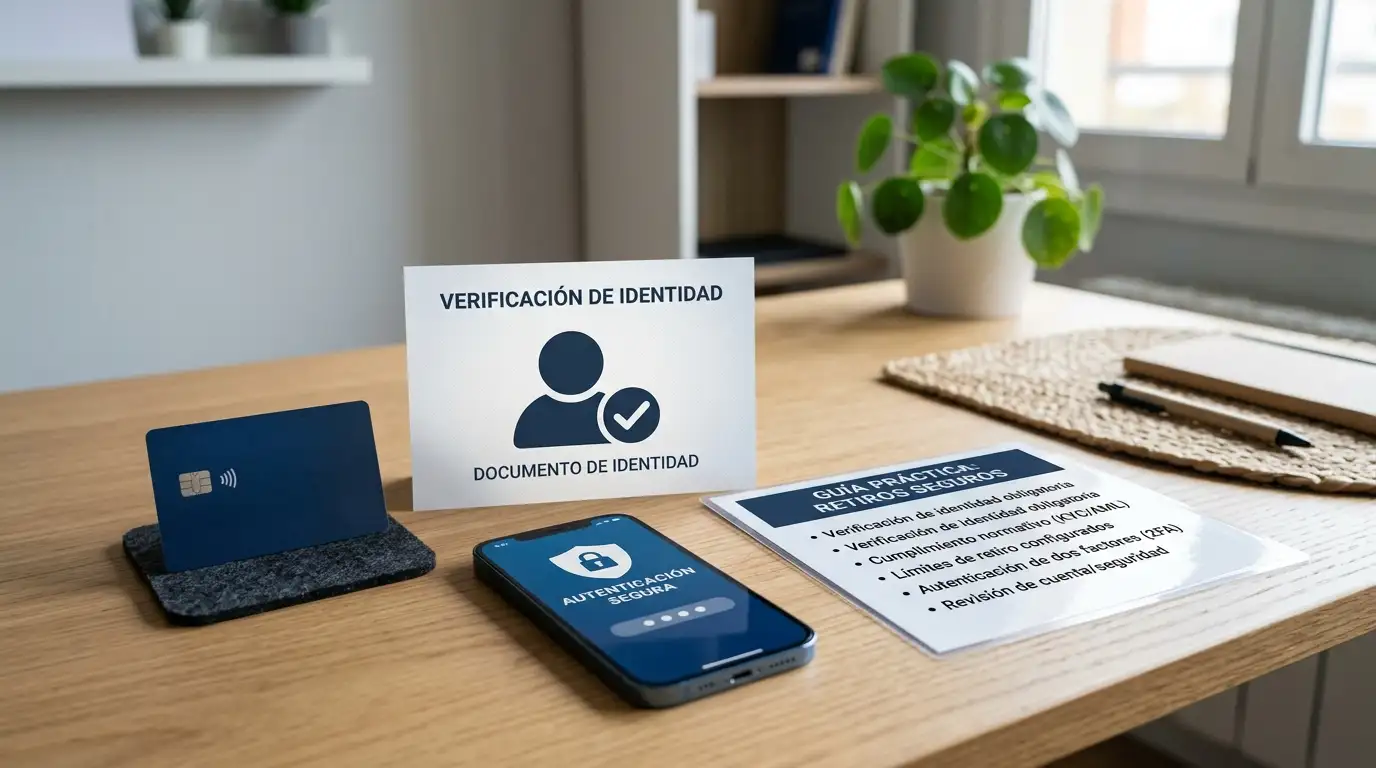 Mesa ordenada con tarjeta, documento de identidad y lista de reglas de retirada revisadas con calma